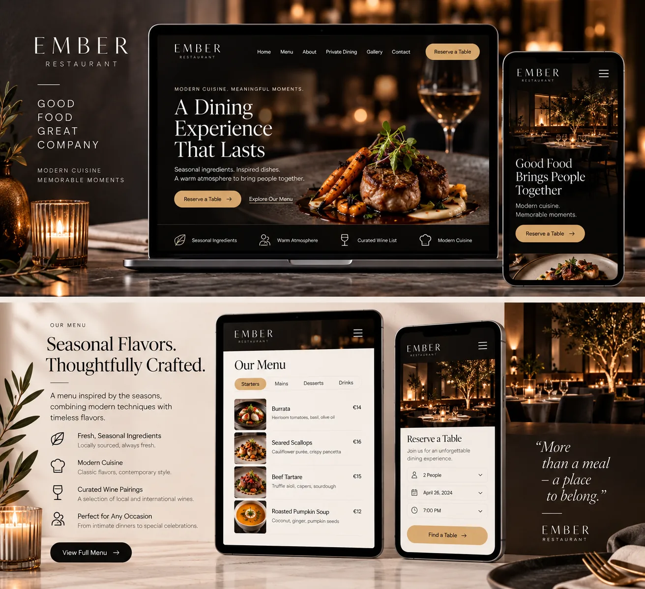 Ember Restaurant menu and reservation interface concept
