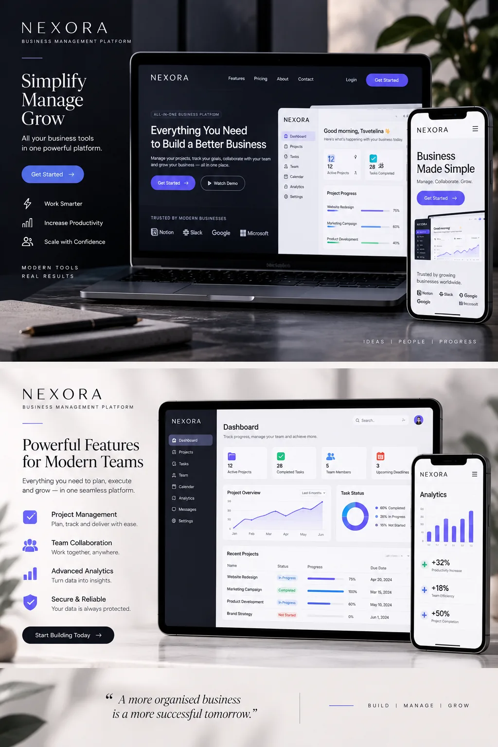 Nexora Platform website and dashboard concept mockup